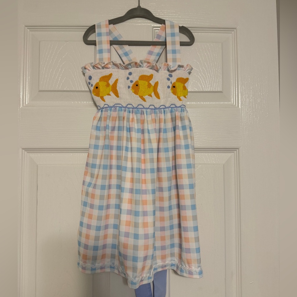 Smocked Plaid Sundress with Yellow Fish Accent - Blue & Pink